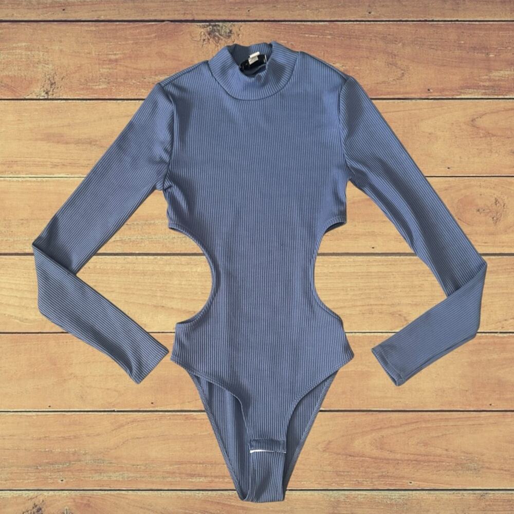 ASOS TopShop blue ribbed cutout bodysuit, size XS